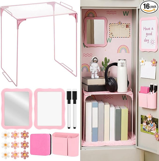 Colarr 16 Pcs Pink Locker Accessories for Girls Includes Magnetic Whiteboard & Mirror Locker Shelf Pen Holder 2 Dry Erase Marker & Eraser 9 Flowers for Back to School Essentials Decoration