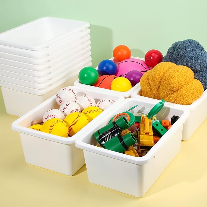 Outus 24 Pack Book Bins for Classroom Plastic Cubby Storage Bins Colored Kids Toy Organizer Container with 120 Pcs Self Adhesive Label for Student Teacher Library School Office Home(White)