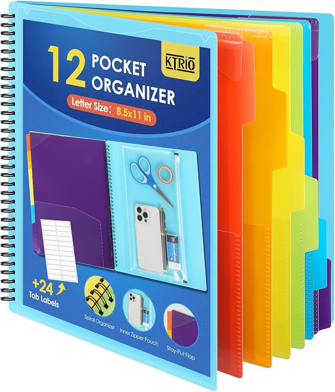 KTRIO 12 Pocket Project Organizer, Letter Size Spiral Binder,Blue | 12 Pocket Storage,Letter Size Fit,Water-Resistant Poly,Zip Pouch Included,Writable Color Tabs