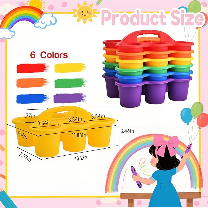 NINU 6 Pack Classroom Caddy Organizer with Handle, Plastic Drink Cup Caddy Holder, 6 Compartments for Kids, Table, Office, Arts, Crafts, Crayon, Marker, Pencil, School Supplies - 6Colors