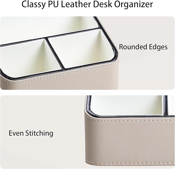 Remote Control Holder, PU Leather Small Desk Organizer with 4 Compartments, Nightstand Organizer Desk Caddy for Remote, Notepad, Phone, Glasses, and Accessories (Beige)