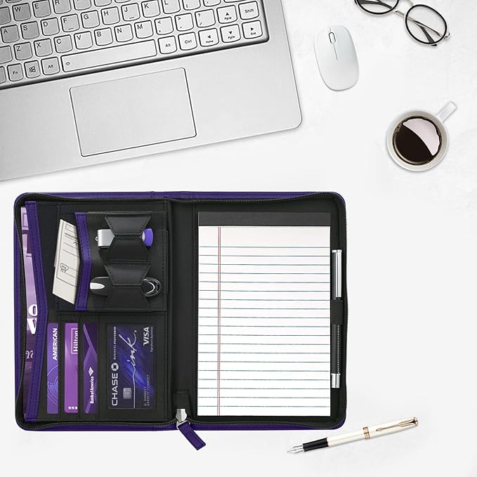 Junior Padfolio/Resume Portfolio Binder with Refillable Lined Notepad, A5 Padfolio Folder, Business Portfolio, Multi-Function Case, A5 Writing Pad Included,Dark Purple