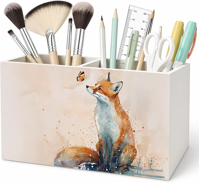 Fox Pen Pencil Holder for Desk Fox Gifts for Women，Animal Lovers Gifts， Rustic Butterfly Animal Wooden Box Sign Decorations for Kids Room Home Office Desk Tabletop