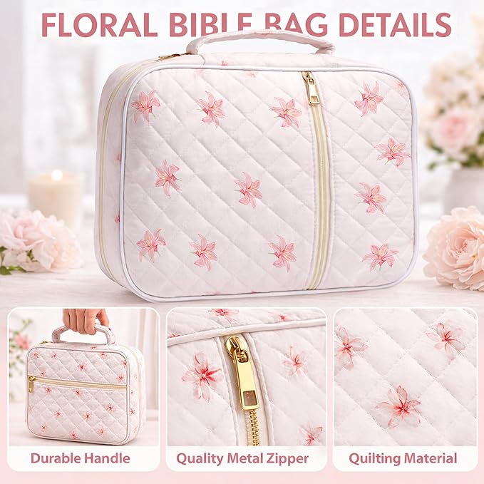 Bible Bag for Women, Bible Cover Case with Study Supplies,Large Quilted Bible Bag with Handle and Zipper, Suitable for Christian Books-Christian Gift for Girls(Lily)