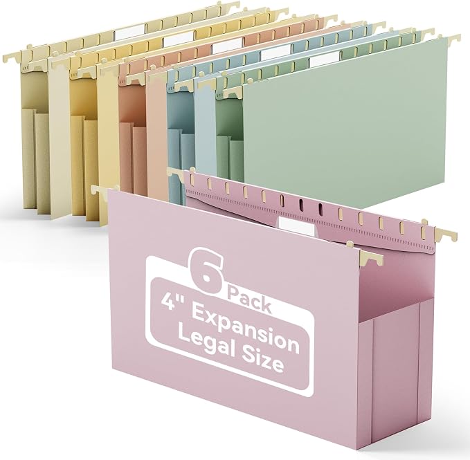 Ansook Hanging File Folders Legal Size Extra Capacity,Heavy Duty 4" Expanding Legal File Folder Hanging with Tabs,6 Pack Plastic Filing Cabinet Folders,Hanging File Organizer for Office Home School