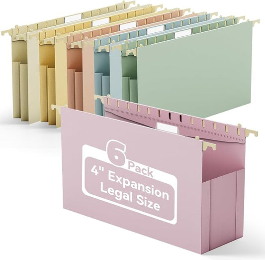Ansook Hanging File Folders Legal Size Extra Capacity,Heavy Duty 4" Expanding Legal File Folder Hanging with Tabs,6 Pack Plastic Filing Cabinet Folders,Hanging File Organizer for Office Home School
