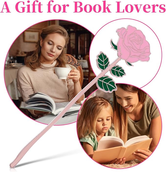 Bewudy Red Rose Bookmark Gift, Metal Book Page Holder for Reading Lovers, Teacher Appreciation Gifts Valentine Mother's Day Christmas Birthday Gift for Women Book Lovers (Pink Rose)