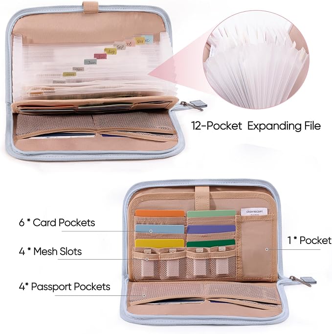 Receipt Organizer with 12 Pockets 10x6 Receipt Holder Organizer - Small Accordion File Organizers - Cash Organizers for Travel, Business, Gift
