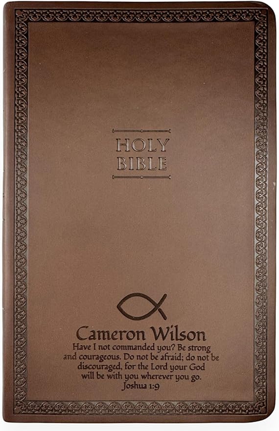 Personalized NIV Thinline Holy Bible with Custom Name Includes Up to 3 Rows of Text Debossed Imprinted on Faux Leather Cover | Custom Gift for Christian & Religious Celebrations (Brown)