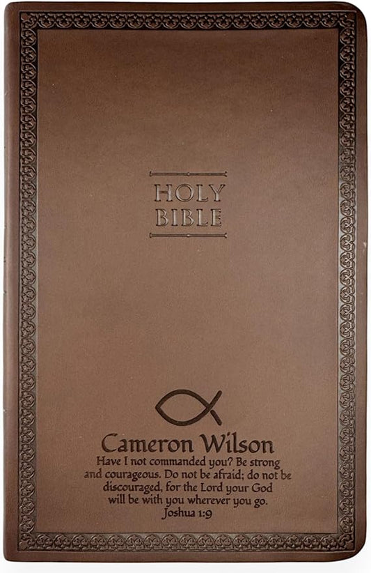 Personalized NIV Thinline Holy Bible with Custom Name Includes Up to 3 Rows of Text Debossed Imprinted on Faux Leather Cover | Custom Gift for Christian & Religious Celebrations (Brown)