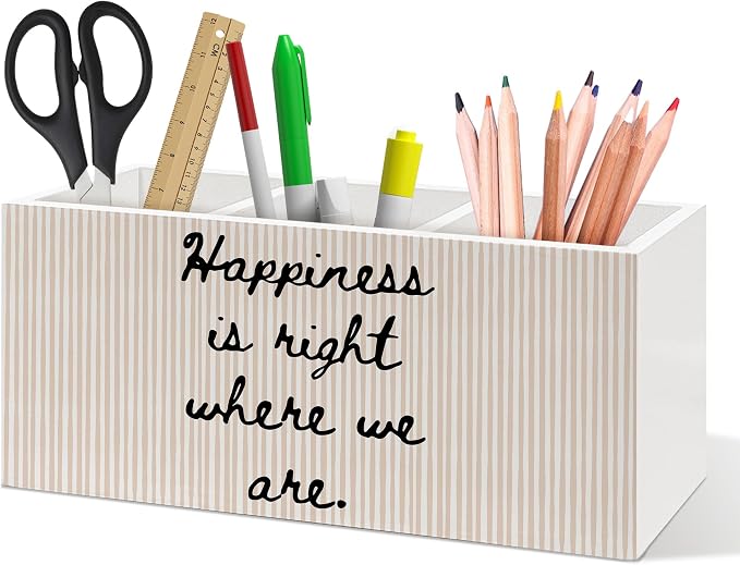 Motivational Pen Holder, Inspirational Office Pen Pencil Holder Organizer for Desk Accessories, Happiness Is Right Where We Are Striped Wooden Box Desk Decor for Home Office Desk Decorations