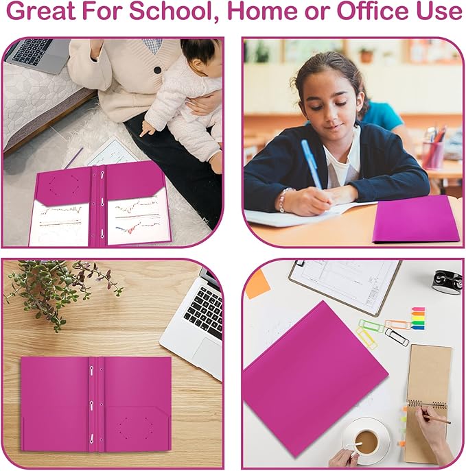 ViVin 12 Pack Plastic Folders with Pockets and Prongs, Heavy Duty 2 Pocket Folders with 3-Prong Fasteners, Poly File Holds 8-1/2" x 11" Paper for School Office Home (Purple)