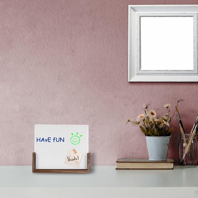 Desktop Glass Dry Erase White Board with Walnut Wood Base, Memo Whiteboard, Writing Note Pad, Mini Glassboard for Tabletop Display(Walnut Base,White Glass)
