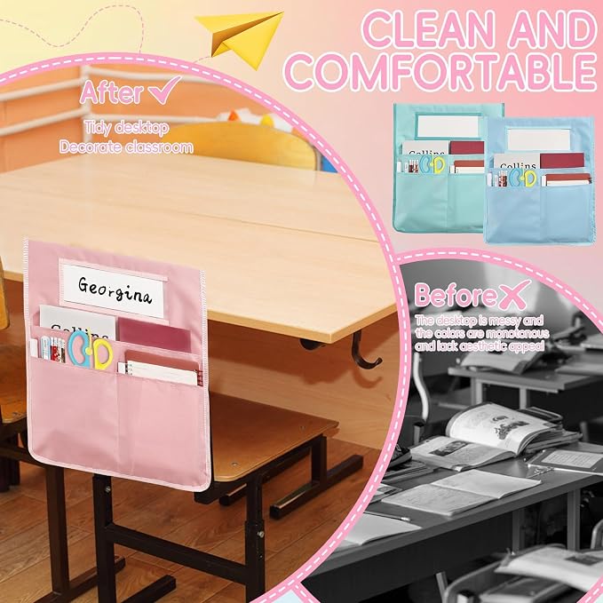 gisgfim 12 Pcs Chair Pockets for Classroom 16.7 x 19.3 Inch s with Name Tag Chairback 3 Pockets Chairs Seat Back Organizer for Elementary School Daycare Home Supply (Pastel)
