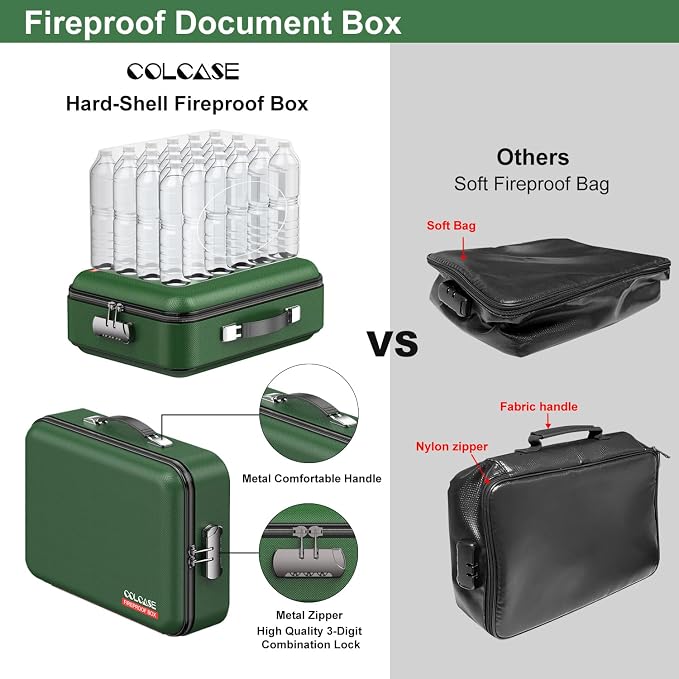 COLCASE Fireproof Document Box with Lock, Hard Fireproof Document Organizer | Hard-Shell Fireproof Waterproof Safe Box with Combination Lock Green