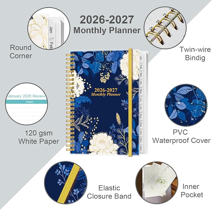 2026-2027 Monthly Planner - January 2026 - June 2027, Two Pages Per Month, 18 Monthly Calendar/Planner with Tabs, Inner Pocket, 6.4" x 8.5", Blue Leaf Flower