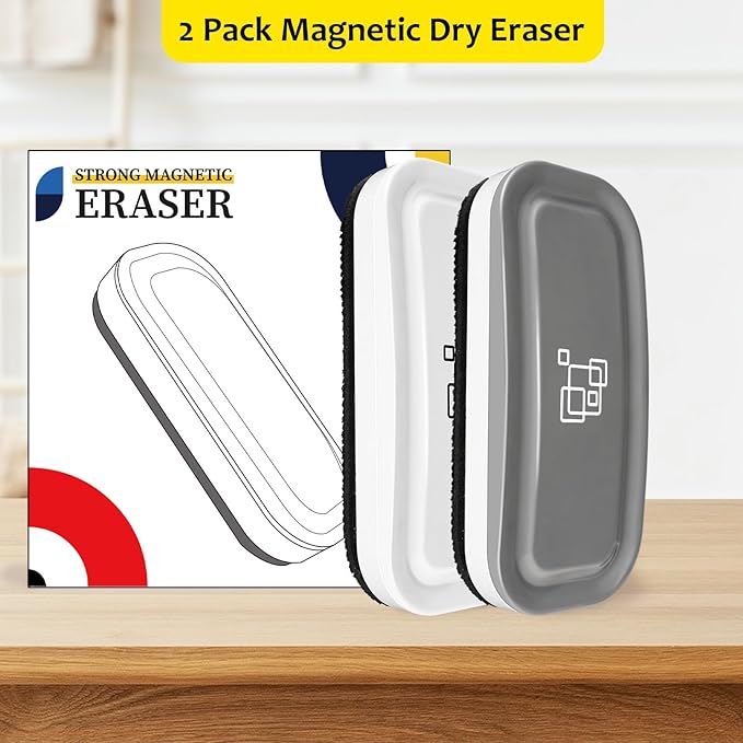 maxtek Dry Erase Eraser, Magnetic White Board Erasers - 2 Pack, Glass Whiteboard Eraser for Office and School Supplies (Gray + White)