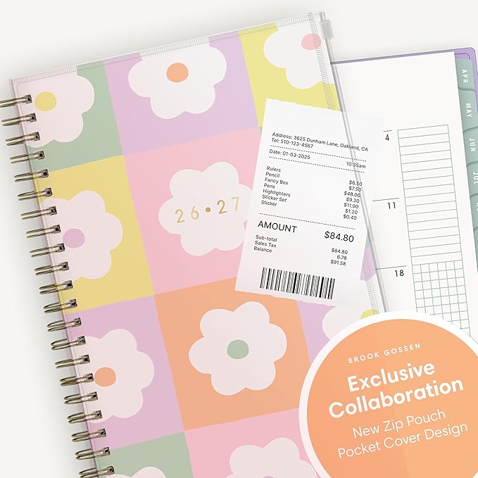 Blue Sky Brook Gossen 15 Month 2026-2027 Weekly and Monthly Academic Year Planner Calendar, April 2026 - June 2027, 5" x 8", Flexible Cover With Zip Pouch, Wirebound, Laminated Tabs, Storage Pocket, Daisy Checkers