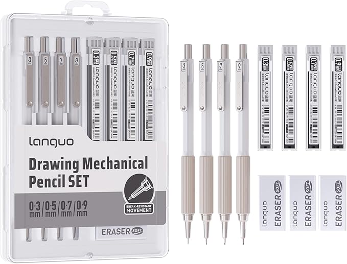 languo Mechanical Pencil Set with Case, 4PCS Drafting Pencils 0.3mm 0.5mm 0.7mm 0.9mm – 4 Tubes HB & 2B Lead Refills, 3 Erasers, Mechanical Pencil Kit for Writing & Drawing