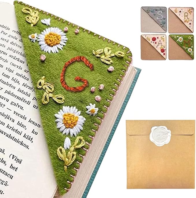 Personalized Hand Embroidered Corner Bookmark, 26 Letters Hand Stitched Felt Corner Letter Bookmark, Cute Flower Embroidery Bookmarks for Book Reading Lovers Meaningful Gift (Summer，G