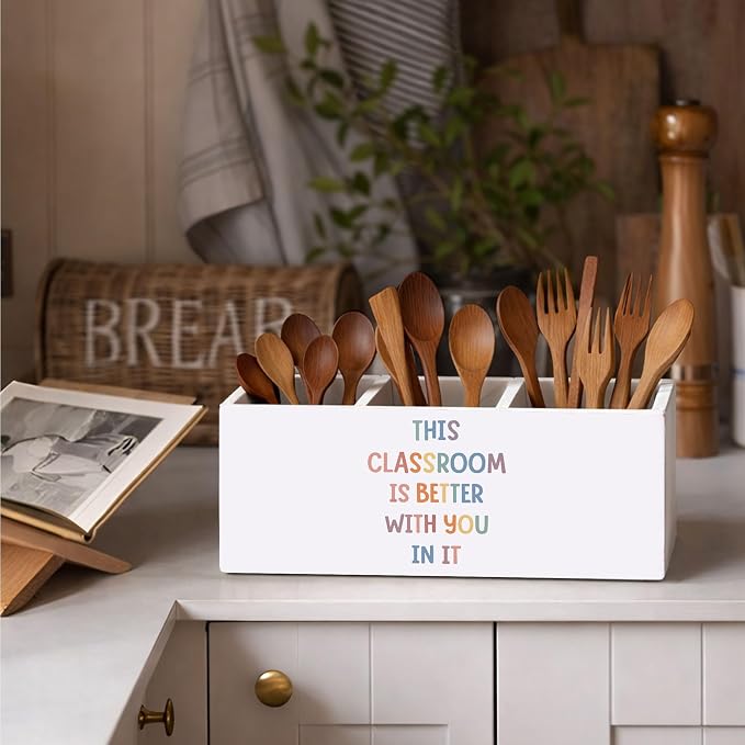 Wooden Desk Organizer for Teachers with Quote This Classroom Is Better With You In It, 3 Compartment Pen Holder, Teacher Appreciation Gift, Classroom Desk Decor