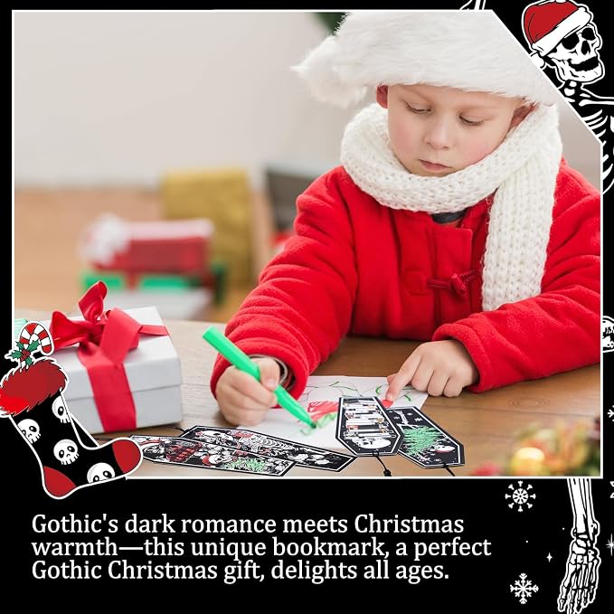 Kolldenn 120 Pcs 12 Styles Christmas Gothic Skeleton Coffin Bookmarks Double Sided Book Tracker Skull Horror Bookmark Gothic Book Marker with Black Tassels for Reading Lovers Gifts Accessories