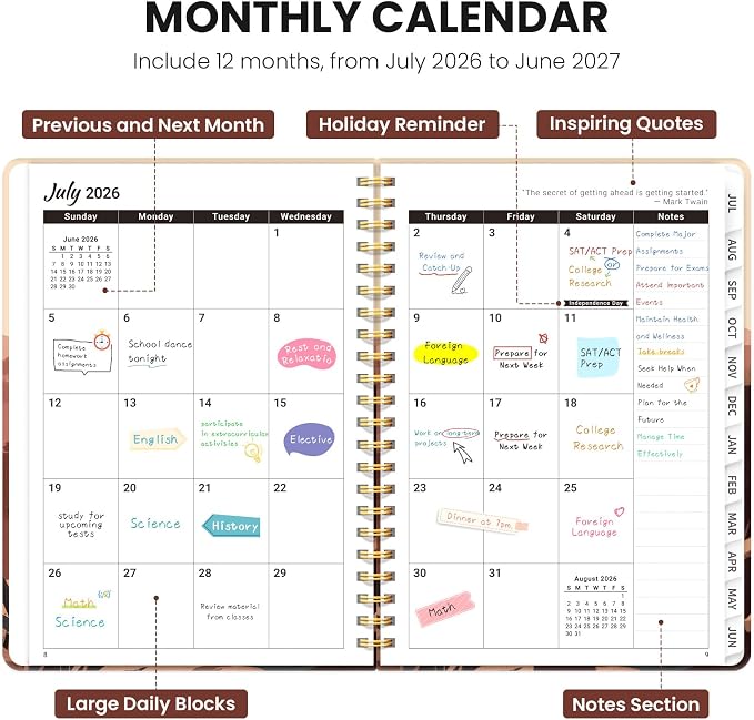 Planner 2026–2027, Academic Planner Weekly and Monthly Calendar Jul 2026 – Jun 2027 Hardcover Planner with Tabs and Pocket, Spiral Bound Agenda Book for Student & Teacher, 6.3" x 8.5", Desert Panther
