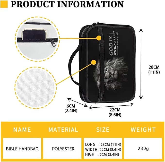 Lion Print Bible Covers for Women Men Zippered Bible Carrier Book Bag, God is Within Her She Will Not Fall, Church Bag Bible Protective with Handles Christian Gifts, Black
