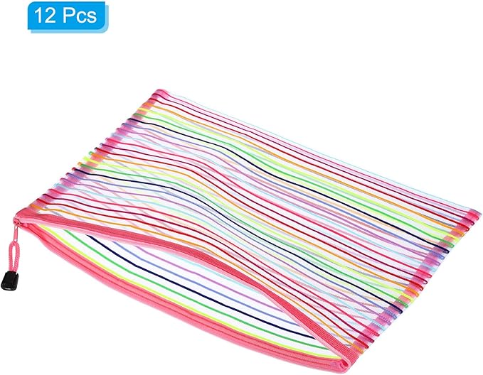 PATIKIL Mesh Cosmetic Bags, 12 Pack Nylon A4 Size Pen Pencil Case Document Toiletry Cosmetic Makeup Zipper Travel Pouch Organizer for Office, Pink