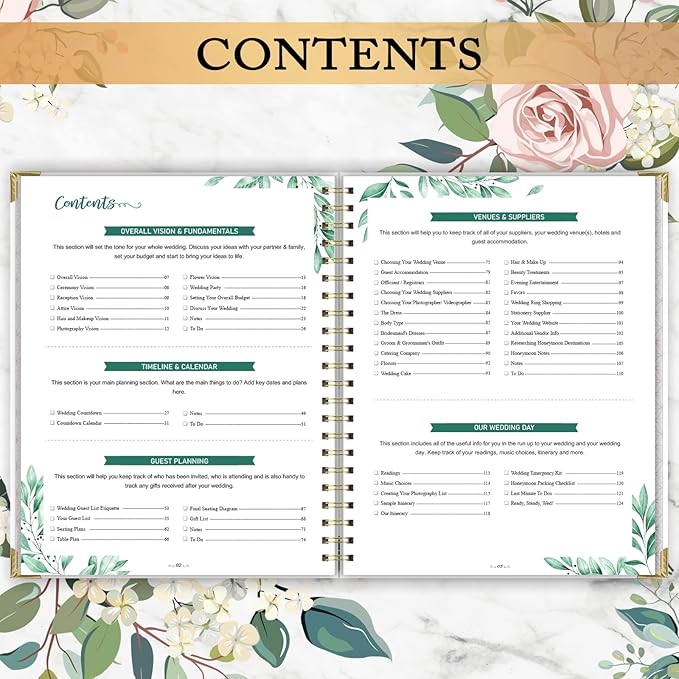 Wedding Planner & Organizer - Wedding Planner Book and Organizer for the Bride, Wedding Planning Book with 5 Tabbed Sections, 9" x 11.9", Hardcover with Metal Corner + 5 Inner Pockets + Elastic Closure - Romantic Floral
