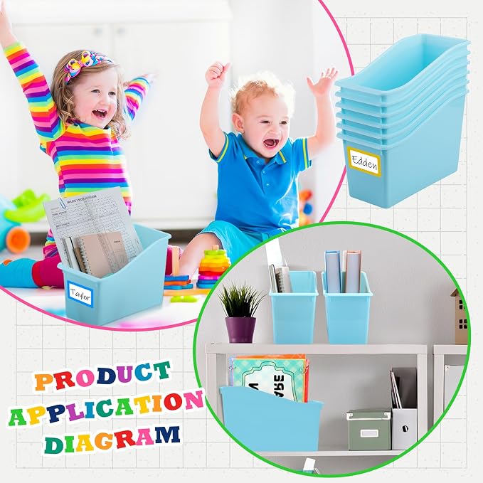 Jinei 24 Pack Waterspout Color Book Bins for Classroom Bulk Binder Holders with Name Labels Plastic Organization Book Baskets Teacher Storage Boxes for Classroom Home Office