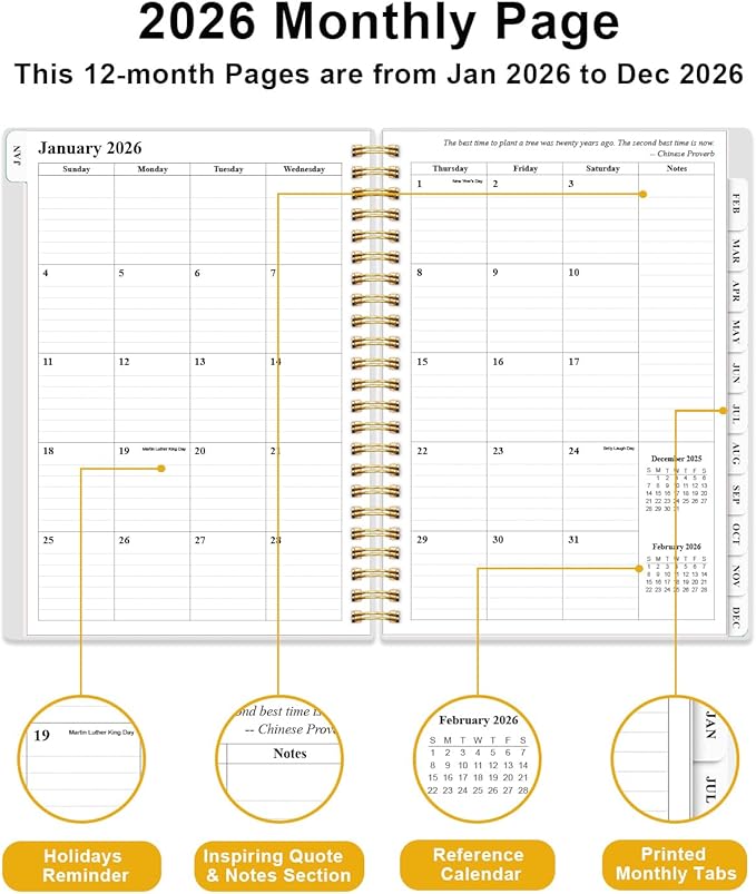 2026 Planner - Weekly and Monthly Planner from Jan 2026 - Dec 2026, Spiral Planning 2026 with 12-Month Tabs, Inner Pocket, 6.25" x 8.5", Pink Flower