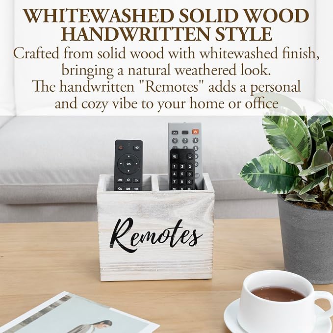 MyGift TV Remote Control Holder Organizer, Wood DVD Remote Caddy Storage for Table, 2 Large Compartment, Shabby Whitewashed Solid Wood with Black Cursive Remotes Label