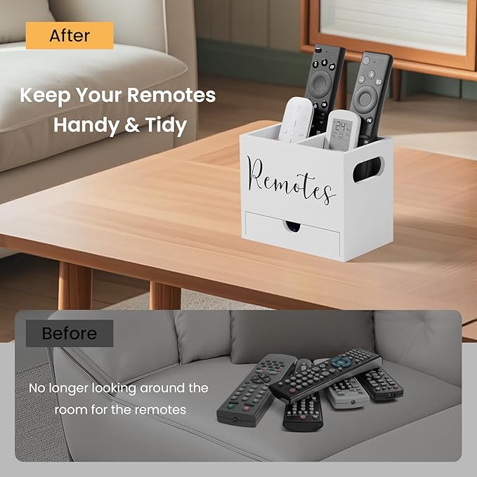 Remote Control Holder, TV Remote Holder with Drawer, Wood Remote Control Organizer for Table, Media Storage Box for Nightstand, Living Room (White,2 Slots)