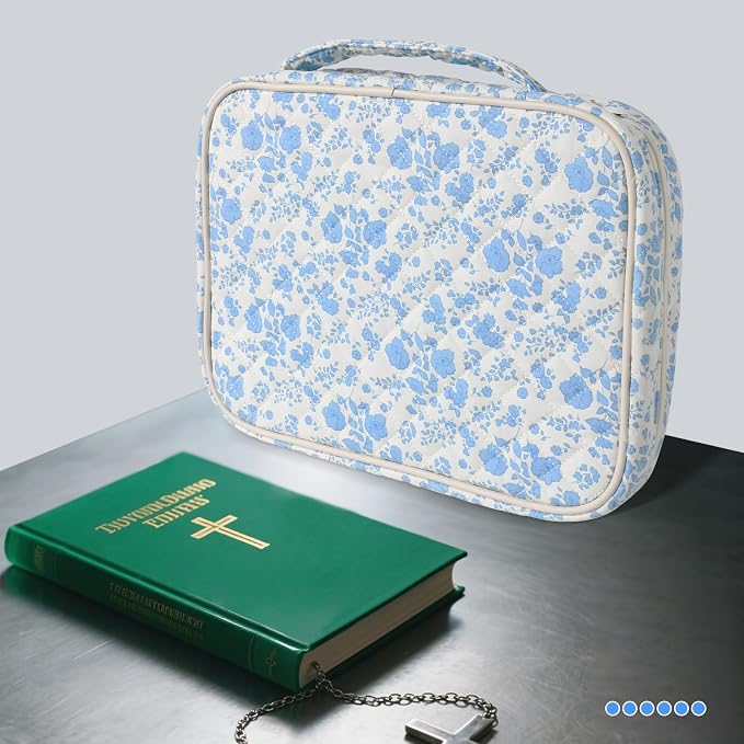Large Bible Cover Case for Women, Large Floral Quilted Cotton Bible Carrying Cases Protective Bag with Handle and Zippered Pocket for Christian, Bible Study Supplies Christian Gifts (Blue Floral)