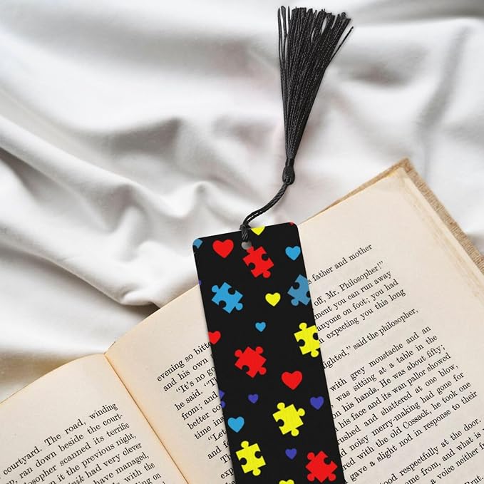 Autism Awareness Colorful Puzzle 5pcs Wood Bookmarks with Tassel for Planner Reading Book Lovers Accessory Readers Men Women 4.6 X 1.2 Inch