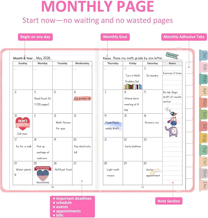 Comkiso Undated Weekly and Monthly Planner with Adhesive Tabs, A5 Dateless Academic Planner for Women & Men Daily Planning, Hardcover Leather All In One Planner for Home School Work Organizer (Pink)