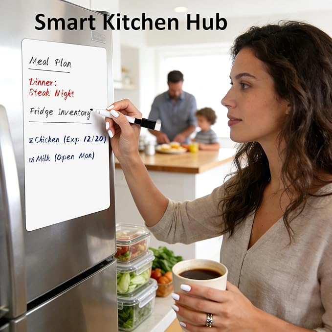Magnetic Whiteboard for Fridge 18"x12": Magnet Dry Erase Board Sheet for Kitchen Curved Refrigerator as Grocery List Organizer with Markers and Eraser