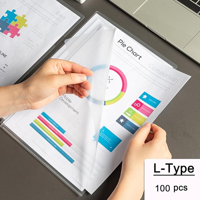 100 Pack Plastic Clear Transparent Document File Folder Sleeves Holder Fit for L-Type 8.5 x 11 Inch US Letter Size Paper for Law Office, Classroom, Home with 30 Pieces Index Tabs