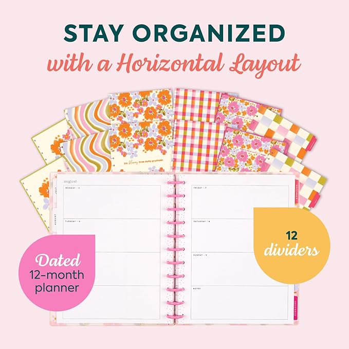 Happy Planner Disc-Bound Planner July 2026–June 2027, Includes 3 Extra Months and 2 Sticker Sheets, Big Size, 8.5" x 11", Horizontal Layout, Sunshine Blooms
