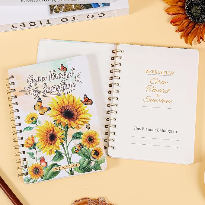 Sunflower Weekly Planner Hardcover - 52 Weeks Undated Daily Schedule Organizer with Personal Info Page & Perpetual Calendar, Floral Planning Notebook Gift for Women & Students, Office Home Planning