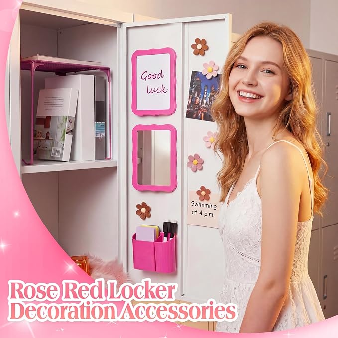 Colarr 16 Pcs Rose Red Locker Accessories for Girls Includes Magnetic Whiteboard & Mirror Locker Shelf Pen Holder 2 Dry Erase Marker & Eraser 9 Flowers for Back to School Essentials Decoration
