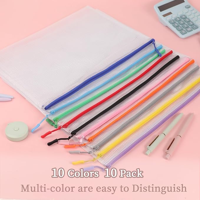 MultiBey 10 Pack 10 Colors Mesh Zipper Pouch Bags, B4-15.4 x 10.8 Inch Large Reusable Mesh Document Bag Zipper File Pouch for Organizing Board Games, Puzzles, Office Supply and Home Organizer