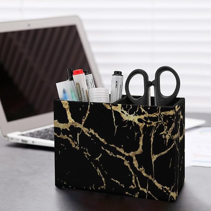 Pen Pencil Holder Gold Marble Black in PU Leather, Multi-Functional Pencil Container with Anti Slip Bottom for Home Office, Square Pen Holder