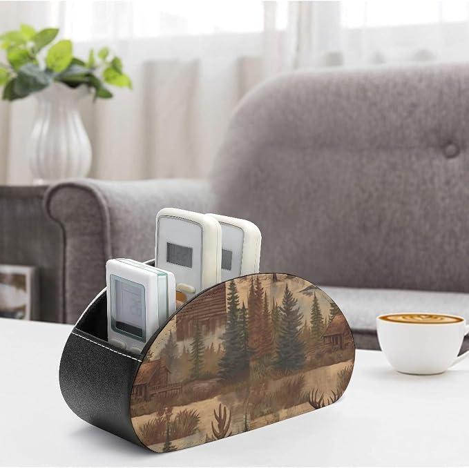 Rustic Lodge Bear Moose Remote Control Holder Desk Storage Organizer Box PU Leather Remote Caddy with 5 Compartments Fashionable Pen Storage Box Modern Desktop Organizer