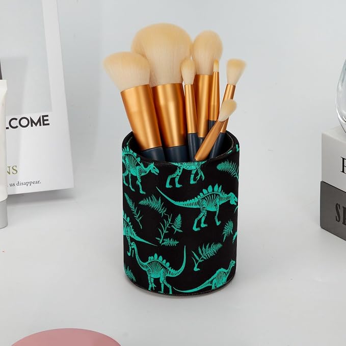 Leather Pen Holder for Desk, Green Dinosaur Makeup Brushes Holder Pencil Cup Multifunctional Desktop Organizer Caddy for Home School Office Desk Accessories