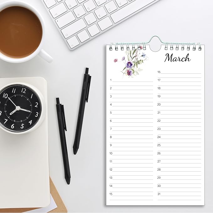 Perpetual Calendar – Undated Calendar 12-Month for Birthday, Anniversaries, Important Days, Festivals Reminder, 6'' x 10'' with 2 Lines Per Days, Twin-wire Binding, Thicker Paper, Minimalist Flowers