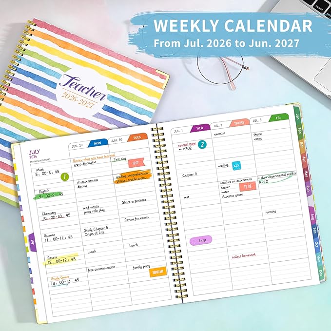 Teacher Planner 2026-2027, July 2026 to June 2027 Academic Year, 8.5" x 11" Lesson Planner Book for Teachers with Colorful Tabs, Teacher Calendar for Classroom or Homeschool, Hardcover, Color Stripe