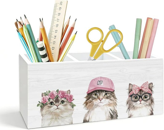 Cat Pen Holder for Desk, Cat Mom Lady Gifts, Pink Coquette Girly Kitty Wooden Box Pencil Pen Holder Organizer for Kids Room Home Office Desk Accessories