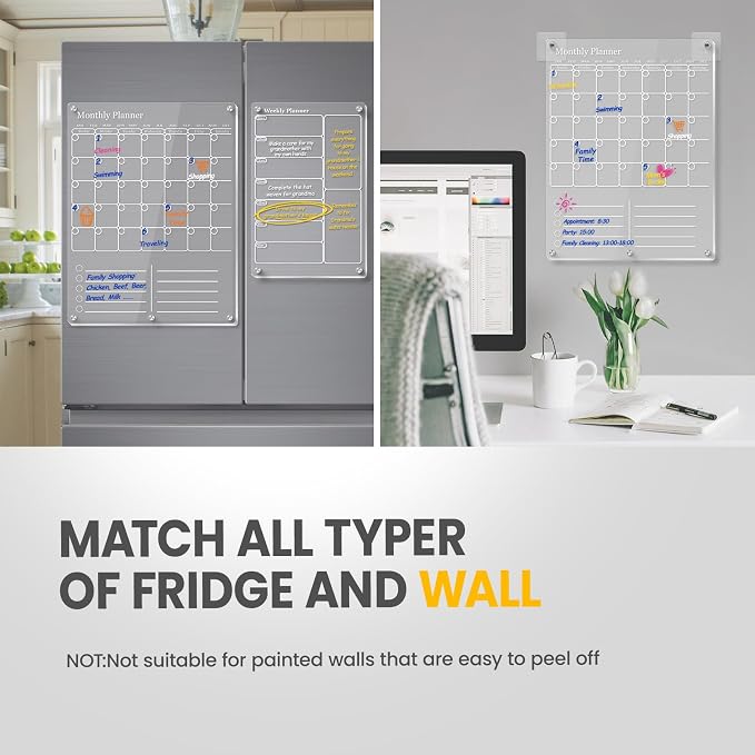 Acrylic Magnetic Calendar for Refrigerator, Clear Dry Erase Board Fridge Calendar for Wall, Monthly Calendar to Do List Board, Calendar WhiteBoard, Kitchen Menu Board Meal Planner (2 Pack, White)